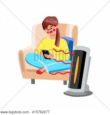 Space Heater Device For Air Warming Home Vector. Young Woman Sitting In Armchair And Use Smartphone,