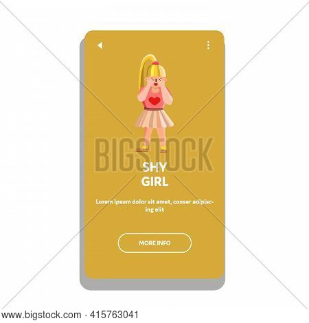 Shy Girl Child Covering Face With Palms Vector. Shy Girl Little Kid Staying Alone And Closed Eyes Wi