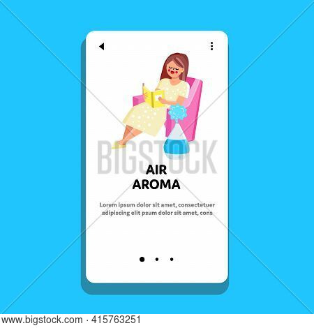 Air Aroma Home Purifier Appliance In Room Vector. Woman Sitting In Armchair And Reading Book, Near W