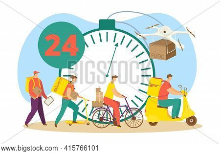 Delivery Express Service With Man Courier Person Near Big Timer Concept, Vector Illustration. Box Pa