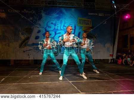 Sibenik, Croatia - July 6, 2018: Grupo Alafia Dance Performances At Salsa Beach Splash Festival In S