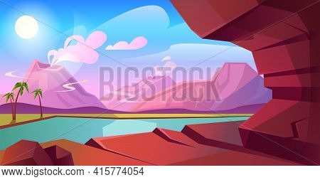Prehistoric Landscape With Volcano, Mountains, Lake And Palm Trees. Summer Scene With Rocks, Tropica