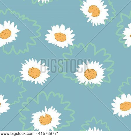 Vector White Daisies With Zigzag Floral Shapes Seamless Pattern Background. Perfect For Fabric, Scra