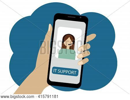 Vector Drawing Of A Mobile Phone. On The Screen There Is An Image Of An Operator Girl And A Button T