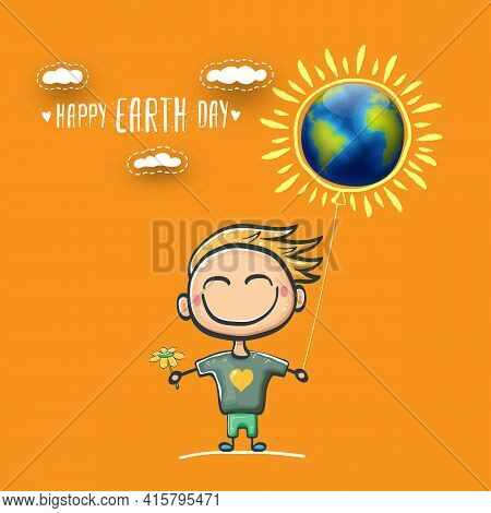 Cartoon Earth Day Illustration Or Banner With Little Cute Boy Character Holding In Hands Baloon With