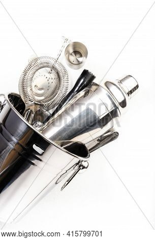 Steel Bar Tools And Accessories For Making Cocktail. Shaker, Jigger, Strainer, Spoon, Tongs, Muddler