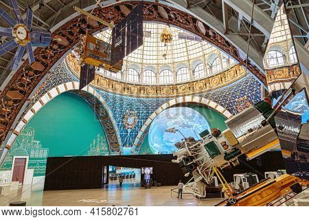 Moscow, Russia - November 28, 2018: Space museum. Inside The Cosmonautics and Aviation Centre in the Cosmos pavilion of VDNH. Aircraft exhibition. Rocket science.