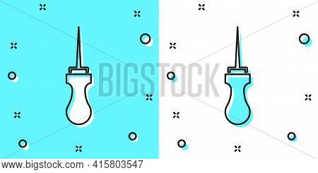 Black Line Awl Tool With Wooden Handle Icon Isolated On Green And White Background. Work Equipment T