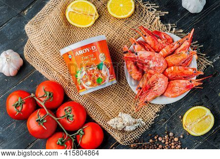 Russia, Kazan, 06 April 2021: Plastic Jar Of Tom Yam Paste Brand Name Aroy-d.