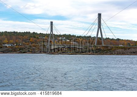 Hvaler, Norway - October 27, 2016: Hvalerporten Suspension Road Bridge To Hvaler Island, Norway.