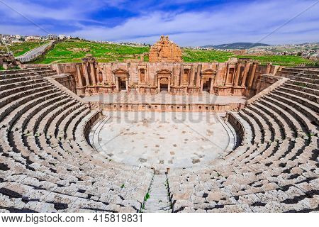 Jerash, Jordan - Panoramic View Of Roman Theater In Jerash, Ancient Roman City In Jordan.