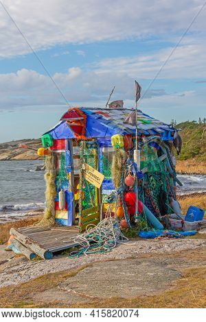 Hvaler, Norway - October 27, 2016: Shed Made From Ocean Drift Plastic Recycling Environment Conserva
