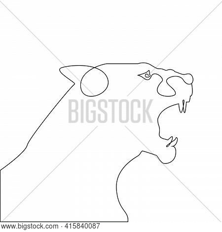 Minimalist One Line Head Of Tiger Or Lioness Open Mouth. Angry Tiger Head One Line Hand Drawing Cont