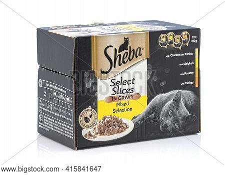Swindon, Uk - April 5, 2021: Box Of Sheba Select Slices In Gravy Mixed Selection Cat Food On A White