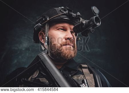 Modern Soldier Looks In Night Vision Device Inbuilt In His Helmet
