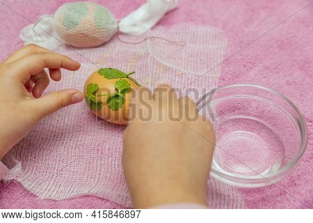 The Process Of Dyeing Eggs Into Onion Husks. Ecological Coloring Of Eggs For Easter. Drawing From Pa