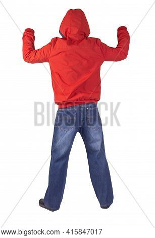 Dark Blue Jeans, Black Leather Shoes,red Jacket With A Hood Isolated On White Background. Casual Sty