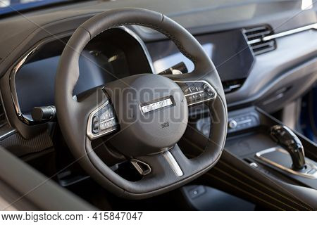 Russia, Izhevsk - February 17, 2021: Interior Of New Modern F7x Car In Haval Showroom. Car Manufactu