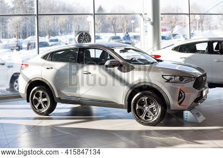 Russia, Izhevsk - February 17, 2021: Haval Showroom. New Modern F7x Car In Dealer Showroom. Front An