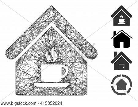 Vector Net Cafe House. Geometric Wire Frame 2d Net Generated With Cafe House Icon, Designed With Int