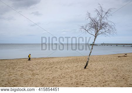 Gdansk, Poland - March 13, 2021: Sandy Beach In Gorki Zachodnie On The Baltic Sea. Gdansk, Poland