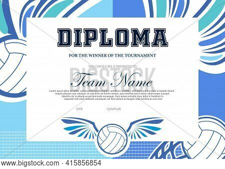 Certificate For Volleyball Tournament Winner. Sports Club Diploma Vector Template. Sport Award And A