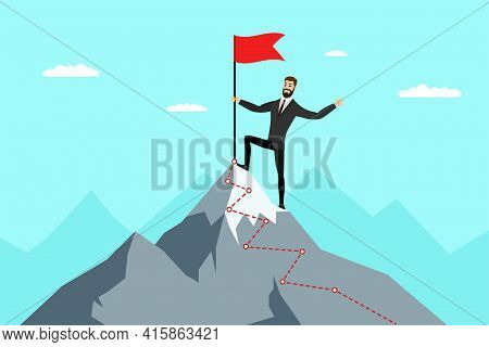 Successful Businessman With Red Flag On Mountain Peak. Business Man Climbing Up On Top Career Ladder