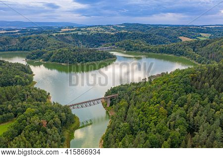 Aerial View Of Lake And Railway Bridge In Pilchowice.