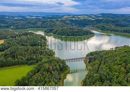 Panoramic View Of Lake And Train Bridge In Pilchowice.