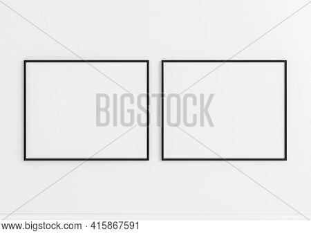Double 8x10 Horizontal Black Frame Mockup On White Wooden Wall. Two Empty Poster Frame Mockup On Whi