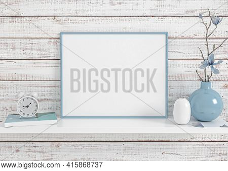 Single 8x10 Horizontal Blue Frame Mockup On White Shelf And White Wooden Wall. One Empty Poster Fram