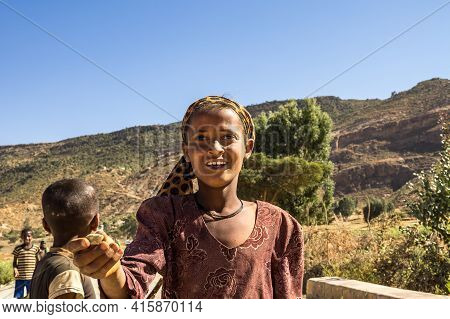 Axum, Ethiopia - Feb 11, 2020: Ethiopian Girl Seen On The Road From Axum To Gheralta, Tigray In Nort