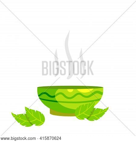 Green Tea Cup. Brown Earthenware. Flat Cartoon Illustration With Leaves. Piala Bowl. National Ethnic