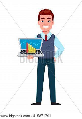 Handsome Business Man Working On Laptop. Young Businessman Cartoon Character In Flat Style. Stock Ve