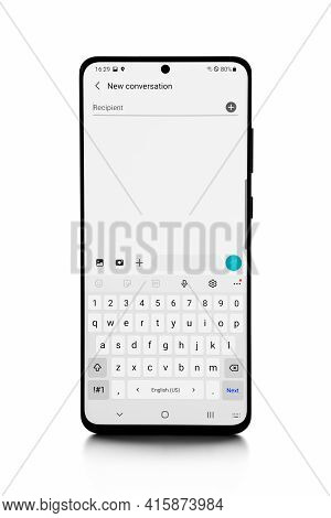 Varna, Bulgaria - February, 12, 2021: Studio Shot Of A  Samsung Ultra S20 5g Smartphone, With 108 Mp