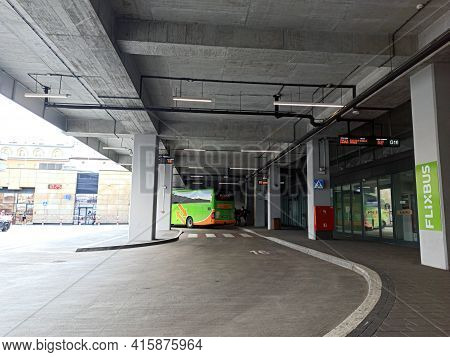 Krakow, Poland - March 31, 2020: Flixbus European Inter City Bus Station. A Bus Stopped At It's Stat