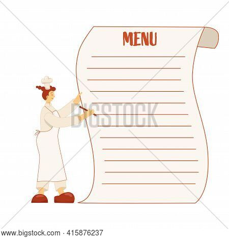 Cook Chef Woman With Menu, Hat, Uniform From Professional Kitchen Restaurant. Vector Stock Illustrat