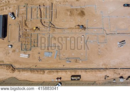 Aerial View New Residential Complex Buildings For Construction Work In The Laying Underground Pipes 