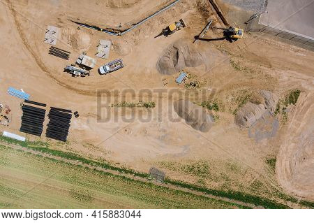 Aerial View New Residential Complex Buildings For Construction Work In The Laying Underground Pipes 