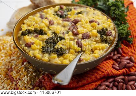Cachupa Cape Verde Traditional Food With Vegetables And Beans Macro In A Plate
