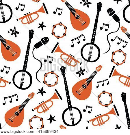 Hand Drawn Seamless Pattern Of Musical Instrument. Flat Sketch Style. Isolated Vector Illustration F
