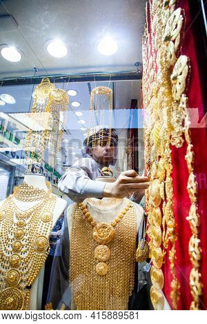 DUBAI,UAE - FEBRUARY 2018: gold and jewel are sold in the Dubai souk. Gold souk consists of 300 retailers.