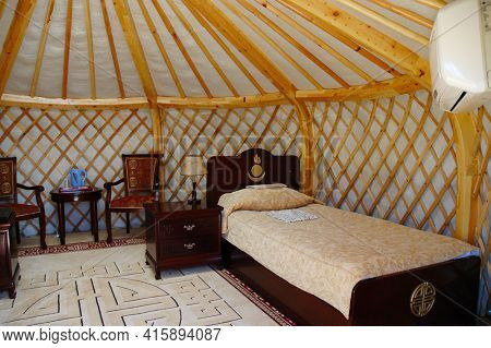 KARAKORUM, MONGOLIA - June 29, 2006: Interior of a yurt at the Urguu Ger Camp in Mongolias Gobi Desert. 