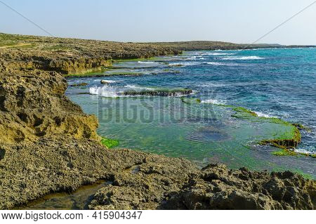 View Of The Beach, Coves And Sandstone Cliffs In Habonim Beach Nature Reserve, Northern Israel