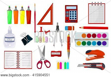 Stationery Supplies Set Isolated On White Background. School Supplies And Items Collection. Study Wo