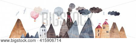 Mountain trail. Mountain landscape with volcano, fortress and balloons. Adventure in the mountains. Balloon flight over the rocks. Horizontal border. 