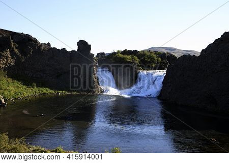 Hjalparfoss / Iceland - August 26, 2017: The Hjalparfoss River And Waterfall, Iceland, Europe