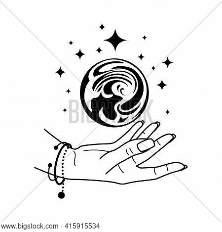 Magic Crystal Ball With Hand Isolated On White. Mystic Magician Symbol, Black Colors. Fortune Tellin