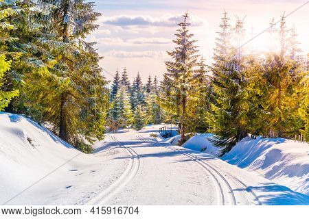 Cross Country Skiing Track On Sunny Winter Day. Freezy Snowy Landscape Of Jizera Mountains, Czech Re