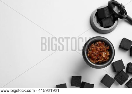 Hookah Parts With Tobacco And Charcoals On White Background, Top View